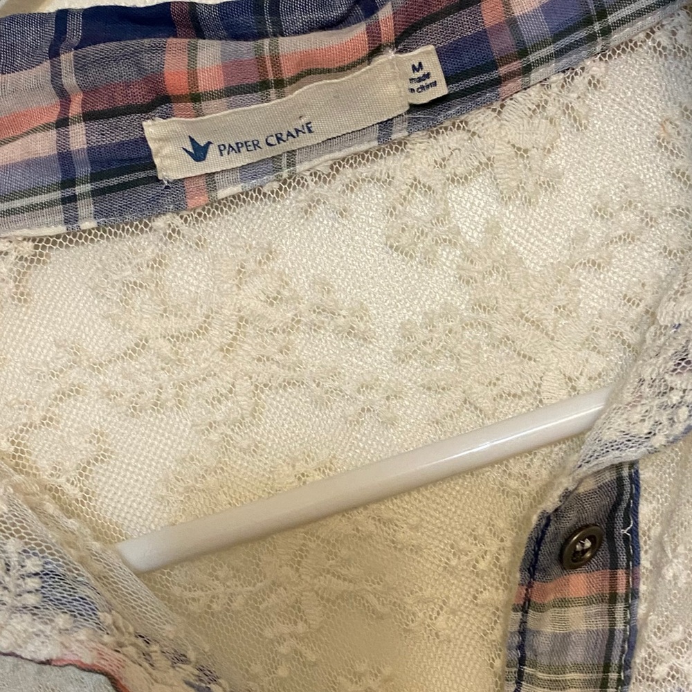 Paper Crane plaid & lace button down shirt, medium - Picture 4 of 7